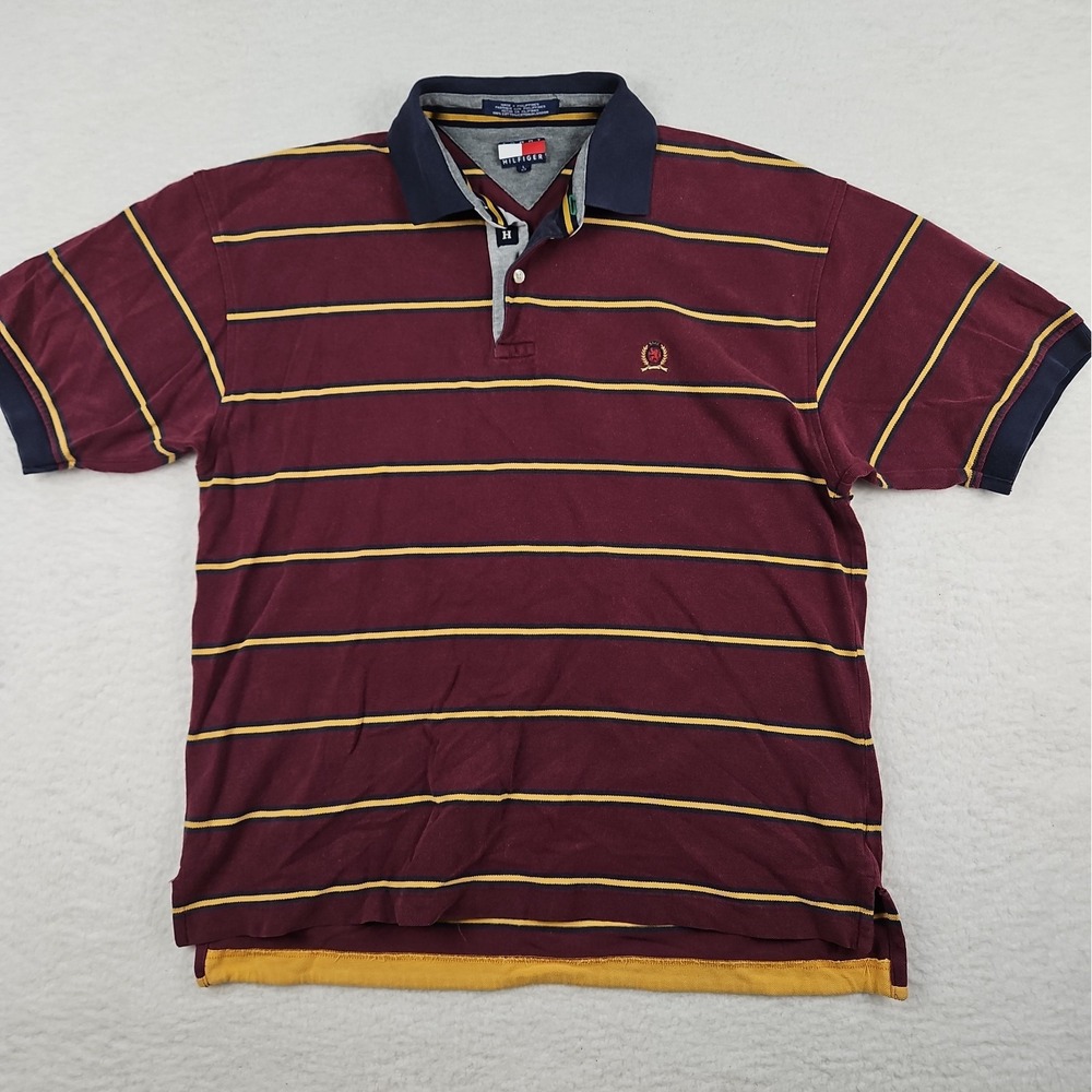 Vintage Tommy Hilfiger Maroon, Navy, Gold Striped Polo Shirt Men's L 100% Cotton